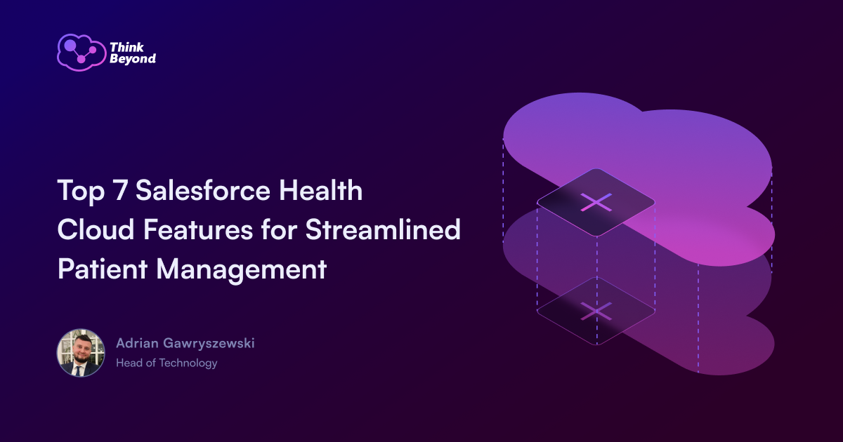 Graphic promoting Salesforce Health Cloud, highlighting features for patient management, with a logo and text on a dark gradient background.