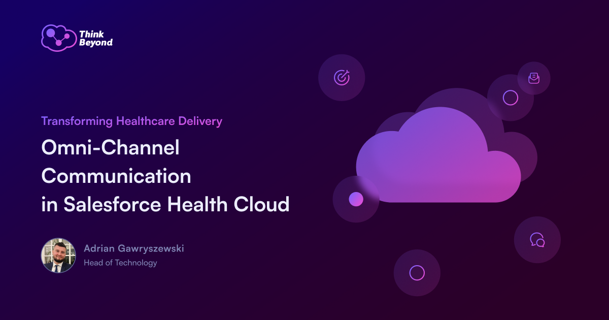 Graphic promoting a discussion on "Omni-Channel Communication in Salesforce Health Cloud", showcasing a cloud theme.